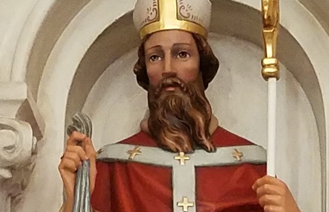 Custom carved-wood statue of St. Wilfrid of York